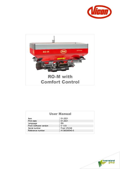 Vicon RO M with Comfort Control Spreaders Disc Rear mounted 2021 Operation Maintenance Manual PDF download