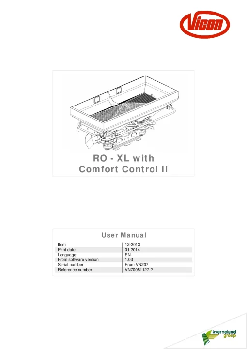 Vicon RO XL Comfort Control II Spreaders Disc Rear mounted 12.2013 Operation Maintenance Manual PDF download