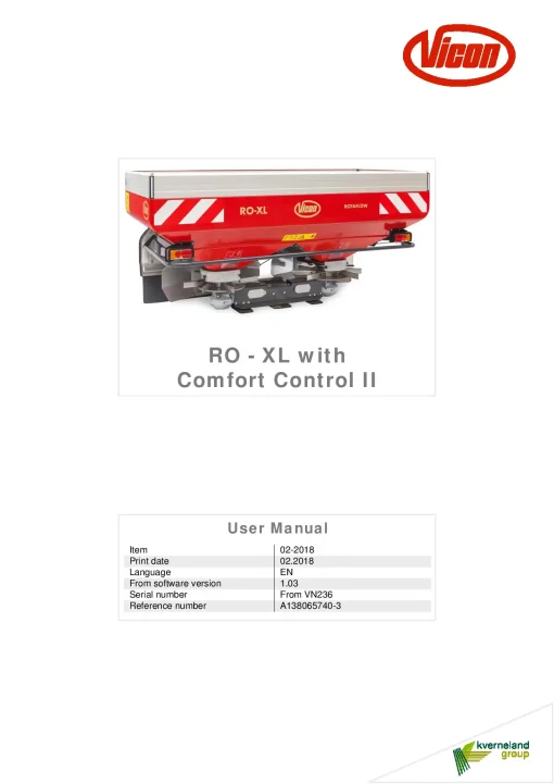 Vicon RO XL Comfort Control II Spreaders Disc Rear mounted 2018 Operation Maintenance Manual PDF download