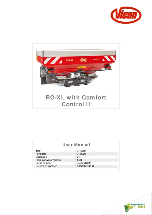 Vicon RO XL Comfort Control II Spreaders Disc Rear mounted 2021 Operation Maintenance Manual PDF download