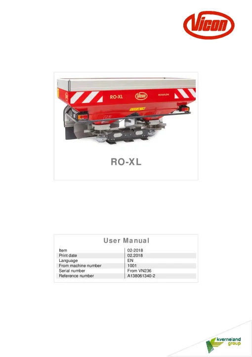 Vicon RO XL Spreaders Disc Rear mounted 2018 Sn VN236 Operation Maintenance Manual PDF download