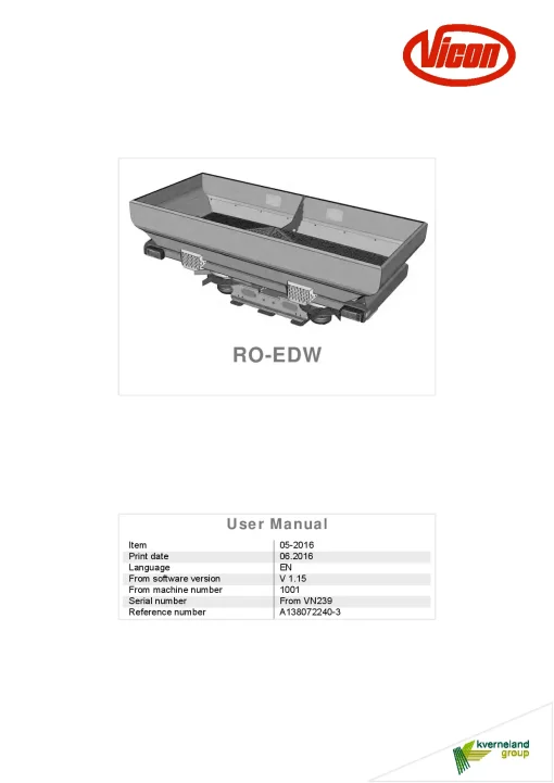 Vicon ROEDW Spreaders Disc Rear mounted 2016 Operation Maintenance Manual PDF download