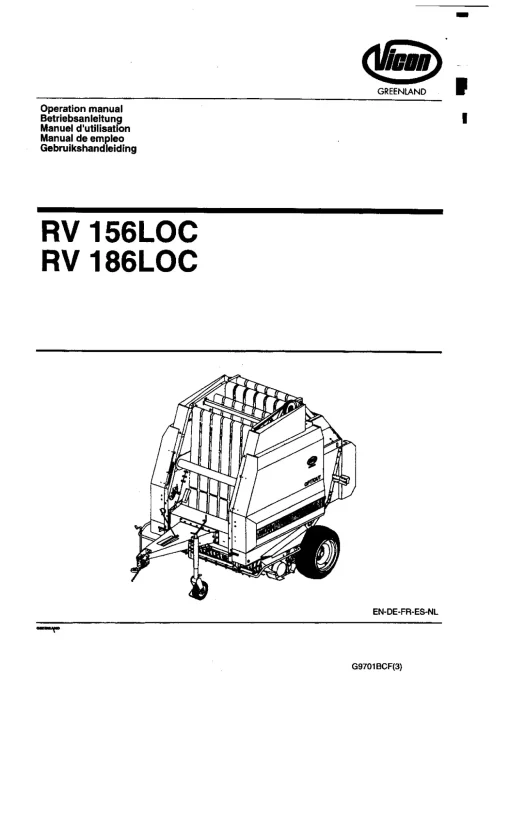 Vicon RV-156 186 -LOC Round Baler Operation Maintenance Manual PDF download