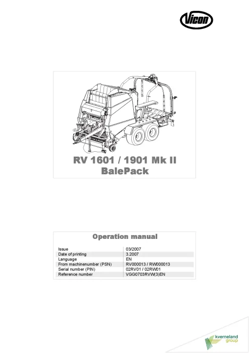 Vicon RV- 1601 1901 MK II Bale pack Round Baler wrapper 2007 Operation Maintenance Manual PDF download