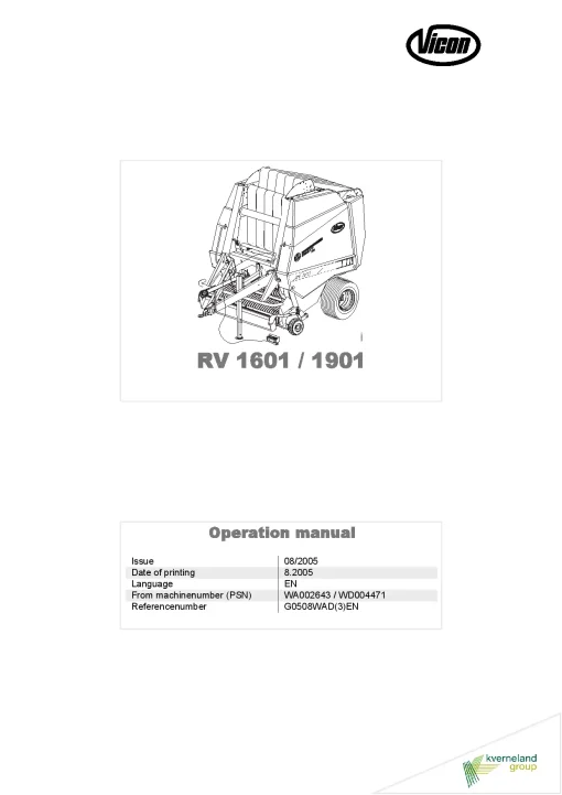 Vicon RV- 1601 1901 Round Baler 2005 Operation Maintenance Manual PDF download