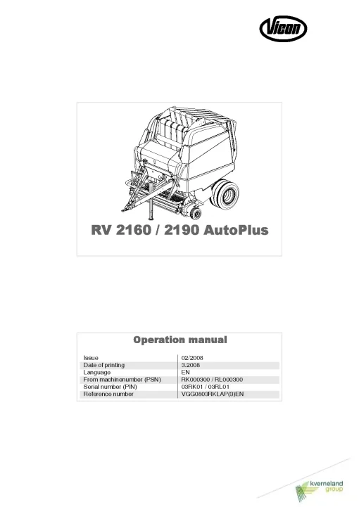 Vicon RV- 2160 2190-AutoPlus Round Baler 2008 Operation Maintenance Manual PDF download