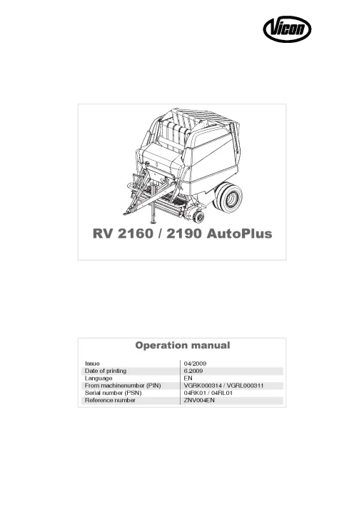 Vicon RV- 2160 2190-AutoPlus Round Baler 2009- 04RK01 04RL01 Operation Maintenance Manual PDF download