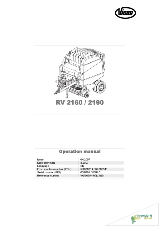 Vicon RV- 2160 2190 Round Baler 2007_03RKL01 Operation Maintenance Manual PDF download