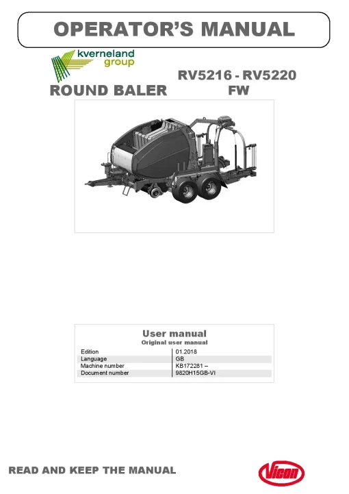 Vicon RV- 5216 5220 Flexiwrap Round Baler wrapper 2018 Operation Maintenance Manual PDF download