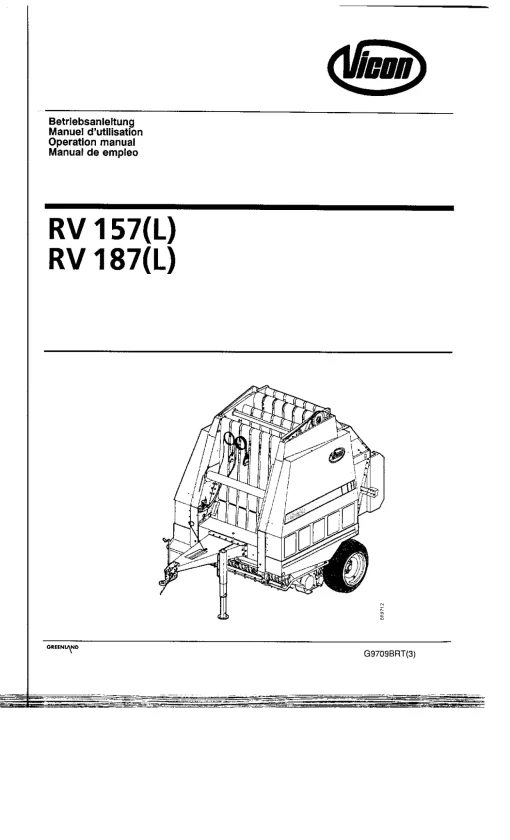 Vicon RV157-L RV187-L Round Balers G9709BRT-3 Operation Maintenance Manual PDF download