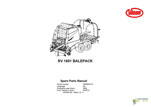 Vicon RV1601 Bale pack Round Baler wrapper 2005_04WT01 Parts Manual Catalog Pdf Download