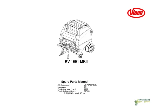 Vicon RV1601 MKII Round Baler 2007_02RK01 Parts Manual Catalog Pdf Download