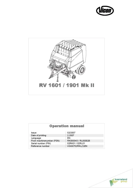 Vicon RV1601 RV1901 MK II Balers Round 2007 Operation Maintenance Manual PDF download