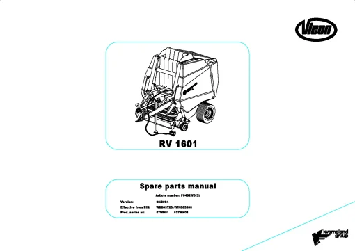 Vicon RV1601 Round Baler 2005 07WD01 Parts Manual Catalog Pdf Download