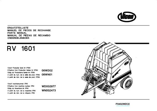 Vicon RV1601 Round Baler_06WD02 Parts Manual Catalog Pdf Download