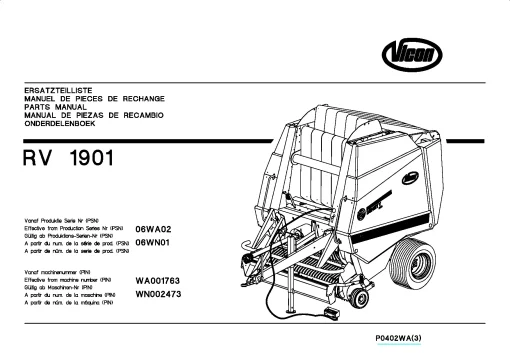 Vicon RV1901 Round Baler P0402WA(3) 06WA02 Parts Manual Catalog Pdf Download