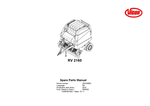 Vicon RV2160 Round Baler 2010 05RK02 Parts Manual Catalog Pdf Download