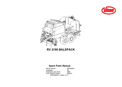 Vicon RV2190 Bale pack Round Baler wrapper 2009- 04RV01 Parts Manual Catalog Pdf Download