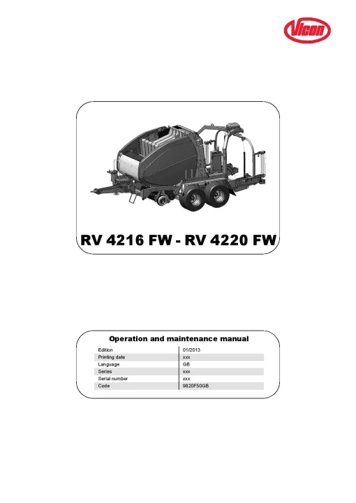 Vicon RV4216 RV4220 Flexiwrap Round Baler wrapper 2013 Operation Maintenance Manual PDF download