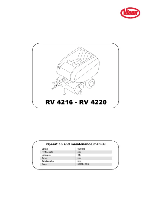 Vicon RV4216 RV4220 Round Balers 2013 Operation Maintenance Manual PDF download