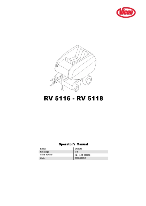 Vicon RV5116 RV5118 Round Balers 2015 Operation Maintenance Manual PDF download