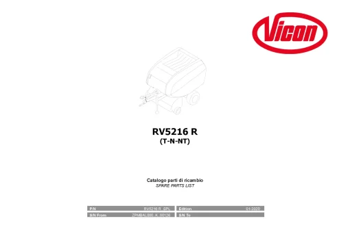 Vicon RV5216 R Round Baler 2020 Parts Manual Catalog Pdf Download
