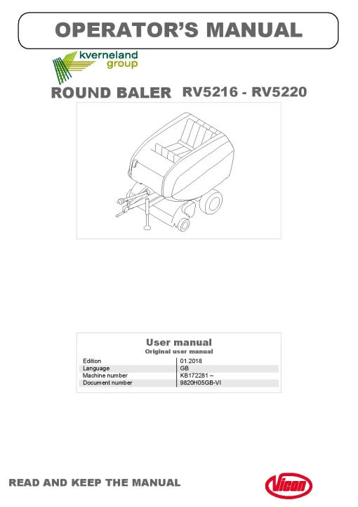 Vicon RV5216 RV5220 Round Baler 2018 Operation Maintenance Manual PDF download