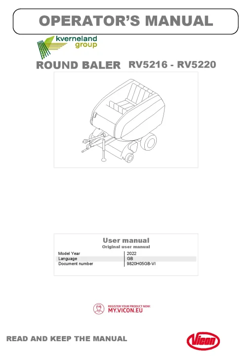 Vicon RV5216 RV5220 Round Baler 2022 Operation Maintenance Manual PDF download