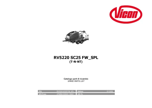 Vicon RV5220 SC25 SPL Flexiwrap Round Baler wrapper 2020 Parts Manual Catalog Pdf Download