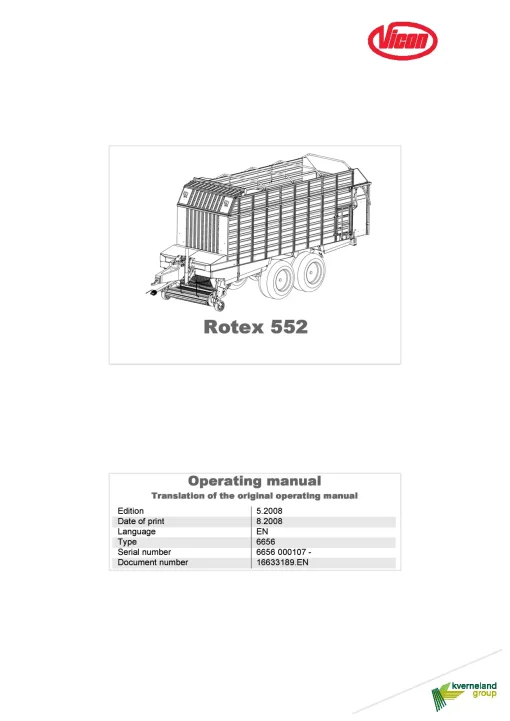 Vicon Rotex 552 Loader wagon 2008 Operation Maintenance Manual PDF download