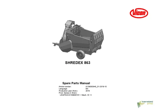 Vicon Shredex 863 Bale choppers feeders 2019 Parts Manual Catalog Pdf Download
