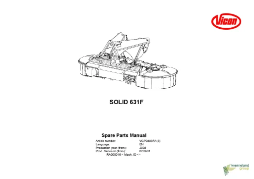 Vicon Solid 631F Mower Conditioner 2008 02RA01 Parts Manual Catalog Pdf Download