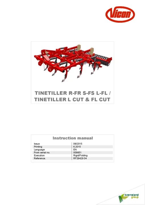 Vicon Tinetiller R FR S FS L FL Lcut FLcut Cultivators stubble 2015 Operation Maintenance Manual PDF download