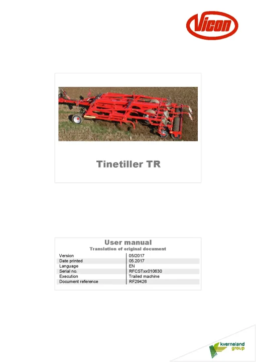 Vicon Tinetiller TR Cultivators stubble 2017 Operation Maintenance Manual PDF download