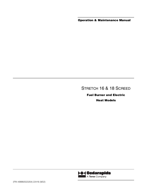 Cedarapids Stretch 16ft 18ft Screeds Operation Maintenance Manual PDF Download