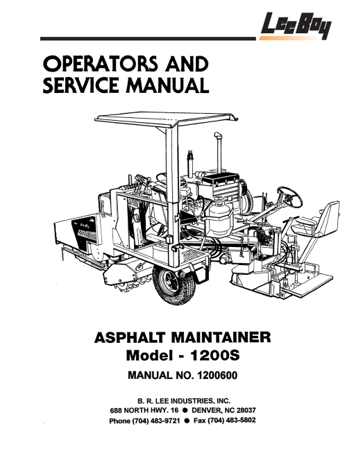 LeeBoy 1200s Asphalt Maintainer complete Operators and Service Manual PDF Download