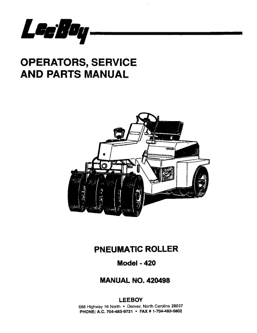 LeeBoy 420 Pneumatic Roller DP126191 Operators Service and Parts Manual PDF Download