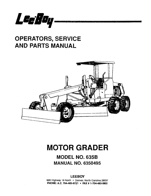 LeeBoy 635B Grader DP12752 Operators Service and Parts Manual PDF Download