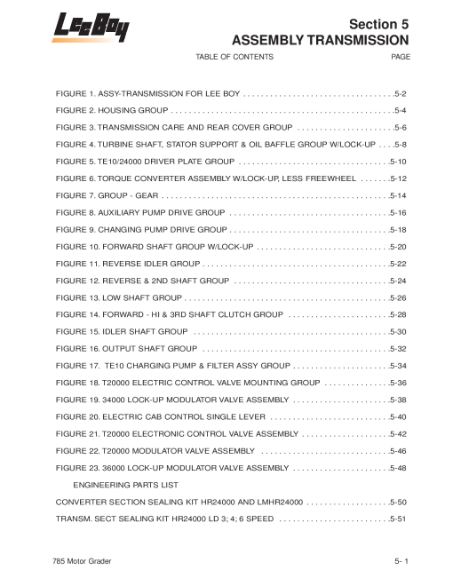 LeeBoy 785 Grader Assembly Transmission Manual PDF Download