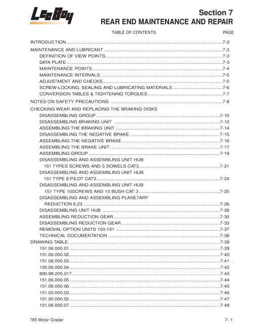 LeeBoy 785 Grader Rear End Operators and Service Manual PDF Download