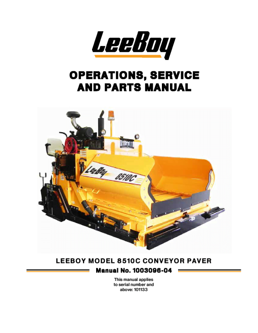 LeeBoy 8510C Conveyor Paver Operators Maintenance and Parts Manual PDF Download