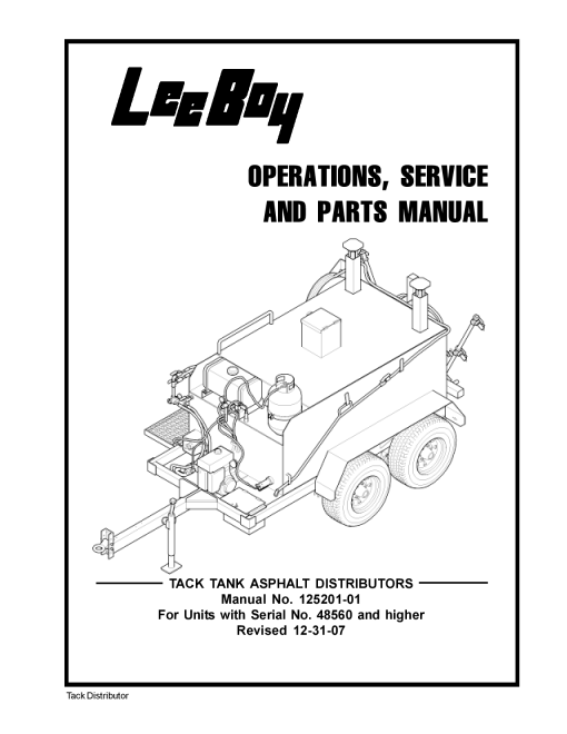 LeeBoy Tack Tank Asphaslt Distributors Operators Service and Parts Manual PDF Download