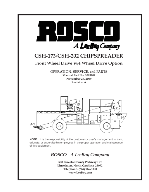 Rosco CSH-173 CSH-202 ChipSpreader Operation Service and Parts Manual PDF Download