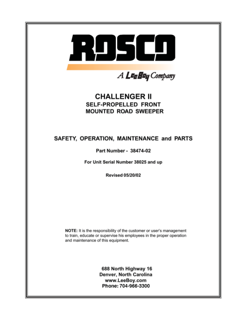Rosco Challenger II Broom Serial 38025-up Operation Service and Parts Manual PDF Download