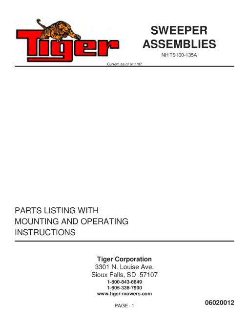 Tiger Ford TS 100-135A Sweeper 06020012 Mower Operation and Parts Manual PDF Download