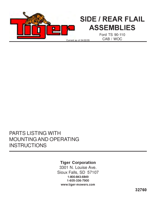 Tiger Ford TS90 110 Side Flail 32760 Mower Operation and Parts Manual PDF Download