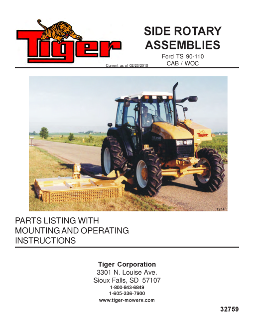 Tiger Ford TS90 110 Side Rotary 32759 Mower Operation and Parts Manual PDF Download