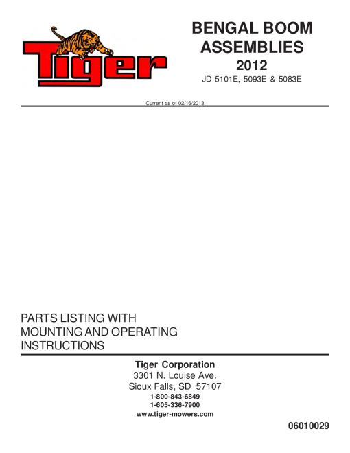 Tiger John Deere JD 5101E 5093E 5083E BENGAL 2012 Mower Operation and Parts Manual PDF Download