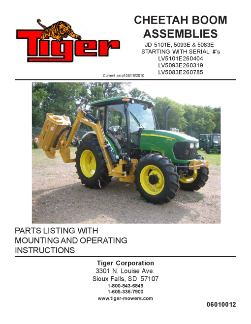 Tiger John Deere JD 5101E 5093E 5083E Cheetah 2012 Mower Operation and Parts Manual PDF Download