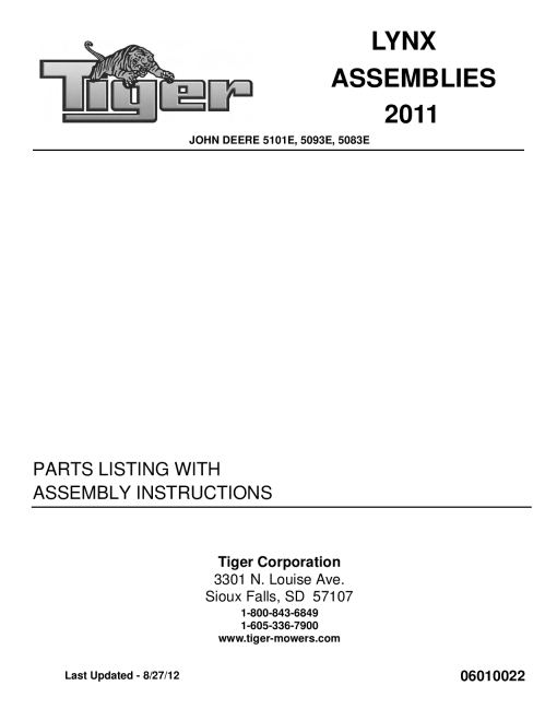Tiger John Deere JD 5101E 5093E 5083E LYNX 2011 Mower Operation and Parts Manual PDF Download